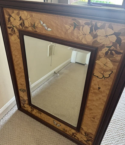 Hudson River Inlay Marquetry Bevelled Glass Mirror-Hibiscus Lei-Mother-Of-Pearl Cover