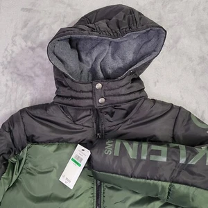 Calvin Klein Puffer Jacket Boys L (14/16) Green Black Hooded Spellout Kids NWT - Picture 1 of 13