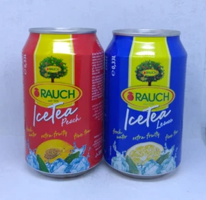 Lote de 2 latas de té helado Rauch vacías; 330 ml / 11.2 fl oz; FONDO abierto (Austria) - Imagen 1 de 7