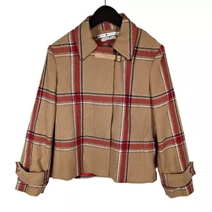 Tommy Hilfiger Wool Military Equestrian Car Coat Camel Plaid Womens Small Short - Picture 1 of 8