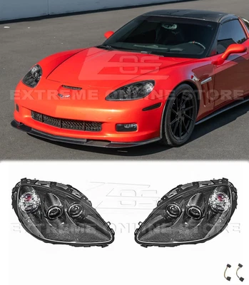Pair HID Headlights DRY CARBON FIBER Housing Fits 05-13 Corvette C6 GM Factory - Image 1 of 4