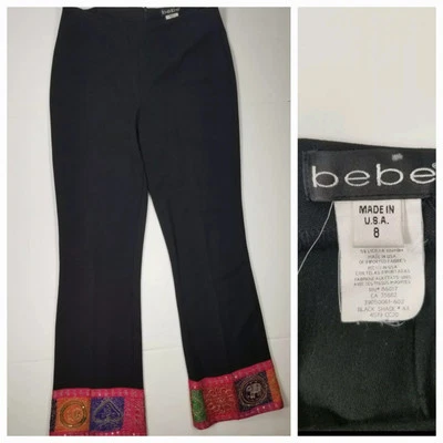Bebe Trouser Pants Sz 8 High Rise Straight Embellished Hem Art To Wear Vtg Y2K  - Image 1 of 4