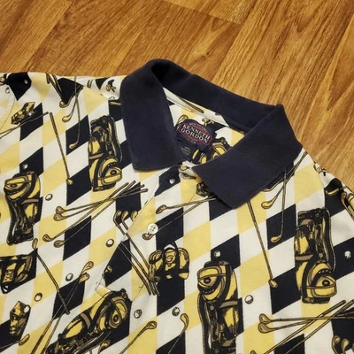 Vintage Golf Polo Shirt Men Large Yellow Blue Geometric Golf Club Kenneth Gordon - Image 1 of 4