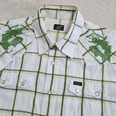 Lee Shirt Mens M Short Sleeve Embroidered Pearl Snap White Grid Dragon Sawtooth - Image 1 of 4