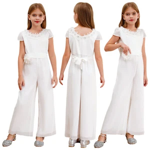 Kids Girls Delicate Applique Jumpsuit Embroidery Long Romper Overalls Pageant - Picture 1 of 18