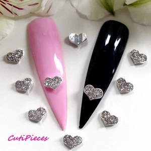 3D Nail Art *Silver Rhinestone Hearts* Metal Alloy Embellishments Craft 10pcs - Picture 1 of 4