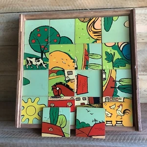 ANTIQUE BLOCK JIGSAW PUZZLE - WOODEN FARM PUZZLE MADE in BELGIUM COMPLETE - Picture 1 of 10
