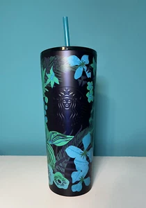 Starbucks Summer 2022 Blue Green Flowers Steel Metal Tumbler Cold Cup Venti 24oz - Picture 1 of 9