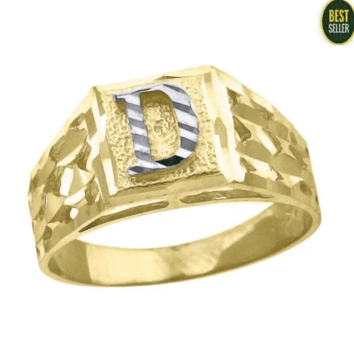 Real 10K Yellow White Gold Initial Alphabet D Boy Kids Baby Ring Band Childrens - Image 1 of 2