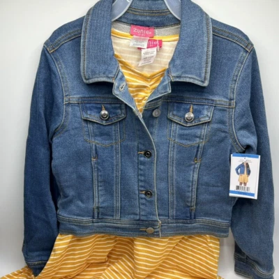 女孩尺寸 S(6/6X)Zunie 2 件套黄色条纹背心裙和牛仔夹克 — 第 1/4 张图片