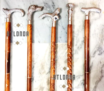 Juego de 5 bastones de madera diferentes de colección únicos con mango de latón plateado bastón Foto 1 de 4