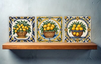 Sicilian Ceramic Backsplash Wall Tiles Lemon Print Wall Decor Tiles Set of 3 - Image 1 of 4