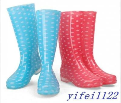 Botas de chuva femininas moda panturrilha média sapatos impermeáveis padrão ponto bonito trabalho ao ar livre - Imagem 1 de 4