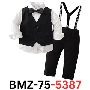 Boys Long Sleeve Dress Shirt with Bowtie+ Suspender Pants+ Vest Outfit, Blk 4-5T - Picture 1 of 6