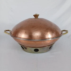 Vintage Messing & Edelstahl Wok mit Kupfer Kuppel Deckel & Warmhalteständer 14" - Bild 1 von 17