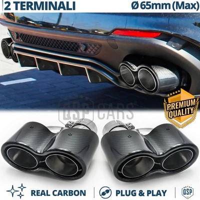 2 Terminali Scarico DOPPI Tondi H Auto in VERO CARBONIO per Marmitte Dritte 65mm - Immagine 1 di 4