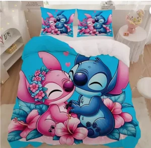 Happy Valentine's Day Stitch And Angel Forever Love Hibicus 3D Quilt Bettwäsche Set - Bild 1 von 3