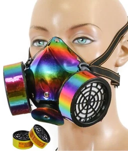 Rainbow Holographic  Steampunk Gas Mask Cosplay Spikes Respirator Costume Party - Picture 1 of 6