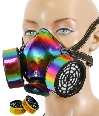 Rainbow Holographic  Steampunk Gas Mask Cosplay Spikes Respirator Costume Party - Image 1 of 4