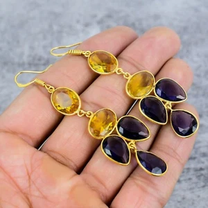 Citrin, Amethyst Edelstein handgefertigter Hängemattenschmuck 925 Sterlingsilber Ohrring - Bild 1 von 6