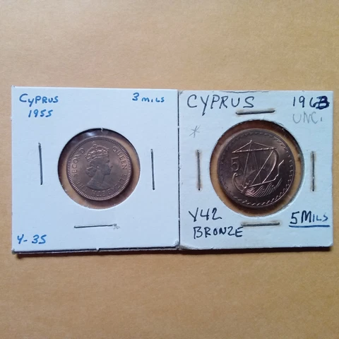 Coins Cyprus  1955  3 Mils, 1963 5 Mils Unc Cover