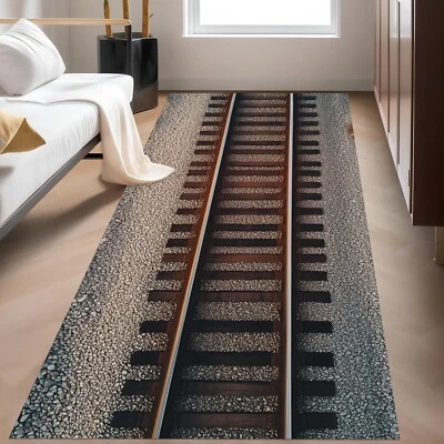 Runner Railroad Tracks Rug,Kids Room Train Tracks Rug,Play Room Train Track Rug - Image 1 of 4