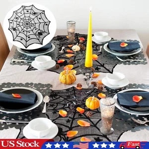 Halloween Party Tablecloth Lace Spider Web Cover Table Runner House Decor Black - Picture 1 of 20