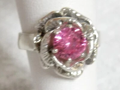 Pink Lab Sapphire Size 6.5 Ring 925 Sterling Silver USA Made Vint Style Flower - Image 1 of 4