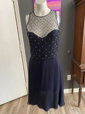 Pamela Dennis Sz 8 Navy Blue Lace & Rhinestone Silk Cocktail Party Sheath Dress - Image 1 of 4