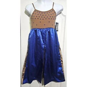 Bloch Dance Costume Leotard Dress Satin Gaucho Blue Rhinestone Child 8-10 NEW - Picture 1 of 8