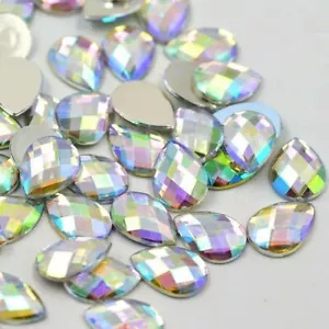 100X flat back acrylic Rhinestone Clear AB Teardrop Gem Crystal Eye Facet Bead - Picture 1 of 7
