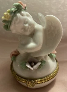 Angel Porcelain Trinket Jewelry Box Hinged Winged Cherub Flowers New  - Picture 1 of 14