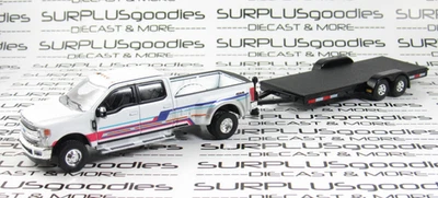 Greenlight White 2019 FORD F350 F-350 LARIAT Dually Pickup w/Open Car Trailer - Image 1 of 4