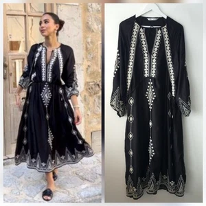 Zara Black & White Satin Dress Embroidered Tulle Midi Size L Large 12 14 - Picture 1 of 7