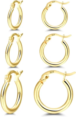 14K Gold Plated Hoop Earrings for Women, 4 Pairs Sterling Silver Post Small Hoop - Image 1 of 4
