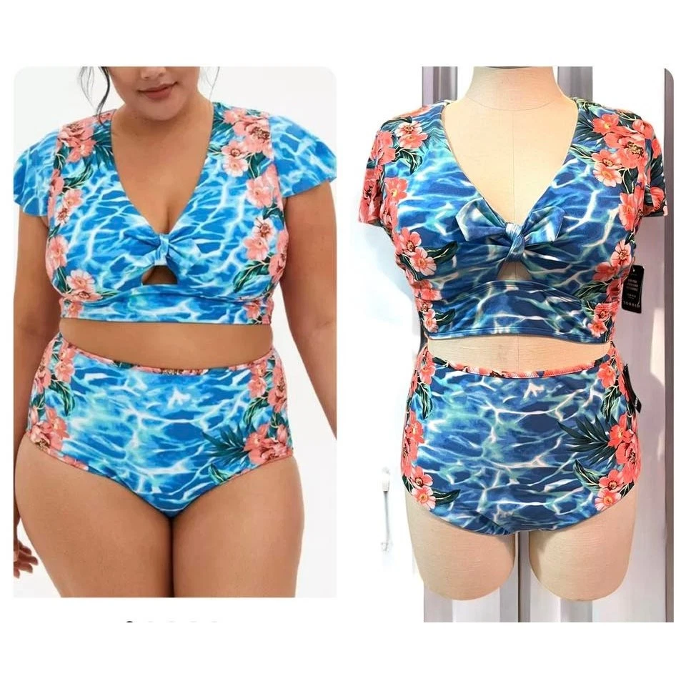 Torrid size 1 Two Piece Wireless Floral Bikini Swimsuit Top & Bottom w/Sleeves  - Image 1 of 4