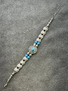 Carved Metal Turquoise Blue Stone Native American Bracelet 7 1/2” - Picture 1 of 20