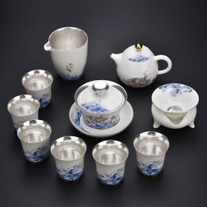 999 Sterling Silver Tea Set Porcelain Jingdezhen Tea Pot Gaiwan Dragon Print Cup