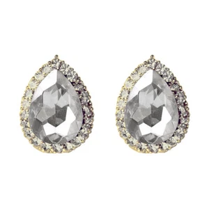 Non-Pierced Gold Plated Clear Crystal Large Teardrop Stud Style Clip On Earrings - Picture 1 of 5