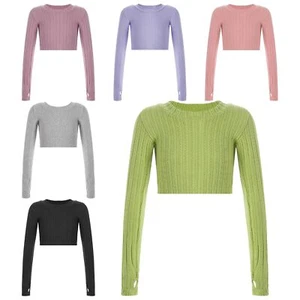 Kids Girls Ribbed Knit Shirt Dance Crop Top Ballet Warm Shirt Knitwear Dancewear - Picture 1 of 60