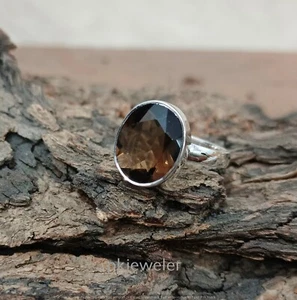 Anillo de piedras preciosas de cuarzo ahumado de plata de ley 925, anillo hec... - Imagen 1 de 16