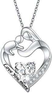 Women Silver Mother And Child White Zircon Heart Pendant Necklace For Mum Gifts 