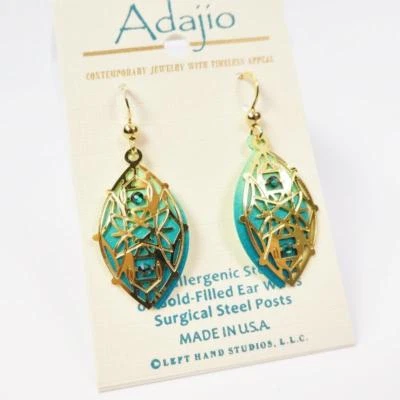 Adajio Earrings Shiny Gold Plated Abstract Design Over Green Pointed Oval 7916 - Image 1 of 4