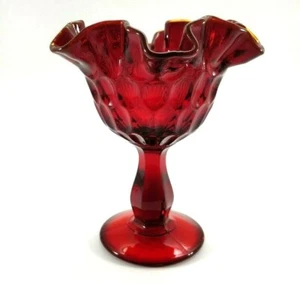 Fenton Ruby Red Glass Thumbprint Pedestal Ruffled Orange Edge Compote Candy Bowl - Picture 1 of 12