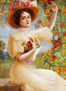 A Summer Beauty by Emile Vernon Beautiful Young Women 22x30 Canvas Giclee - Imagen 1 de 1