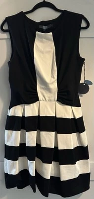 Anthropologie Eva Franco Black Cream/White Stripe Fit & Flair Dress Size 12 USA - Image 1 of 4