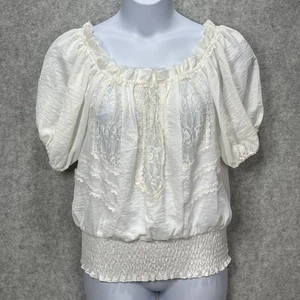 Vtg Y2K Blouse L Cream XOXO Lace Sheer Smocked Milkmaid Cottagecore Coquette - Picture 1 of 9
