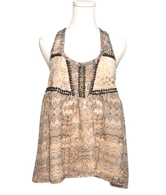 Ecote Flowy Peach Gray Watercolor Snakeskin Bronze Studded Boho Tank Top Medium - Image 1 of 4