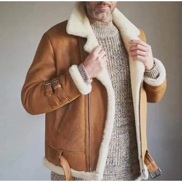 Abrigo de invierno para hombre de piel de oveja real de piel de oveja con forro de piel, marrón tostado Foto 1 de 4