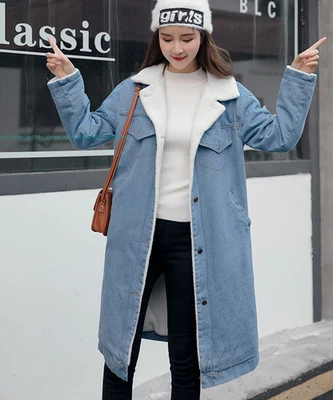 New Women's Lapel Warm Fleece Lined Jacket Long Denim Coat Thick Jean Outerwear - Imagem 1 de 4